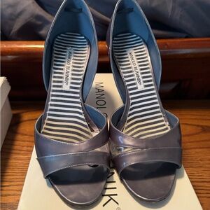 Manolo Blahnik Blue and Silver Open-Toe Heels